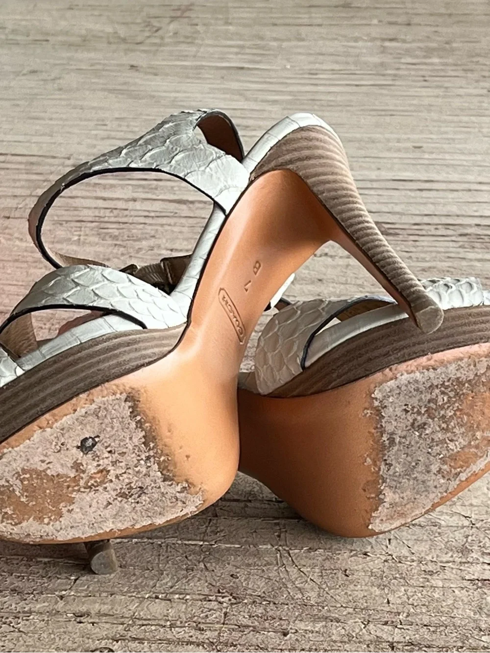 Coach White Textured Platform Slingback Sandals Heels